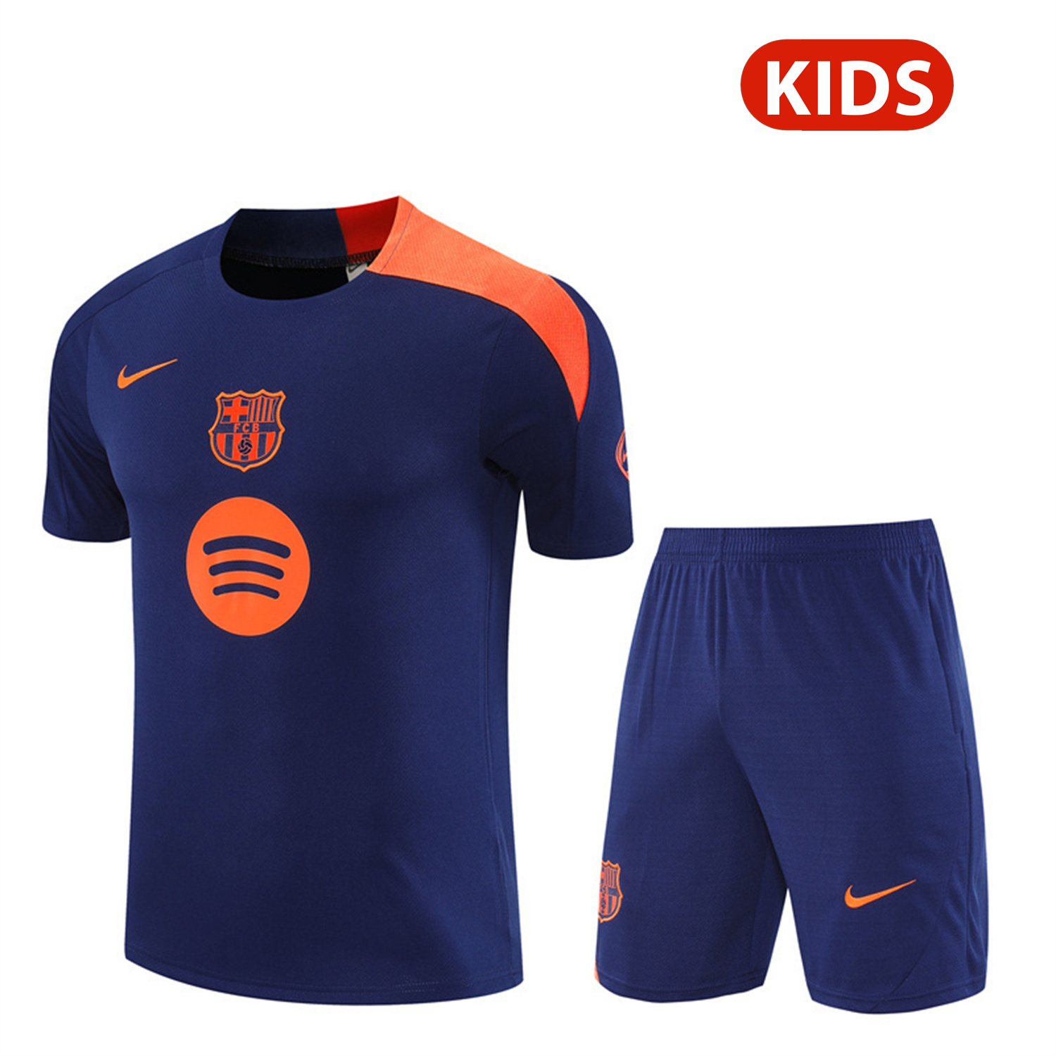 TKH-turbokithub-Barcelona 25-26 Kids Short-Sleeve Training Set - Royal Blue Top Orange Sponsor & Royal Blue Shorts