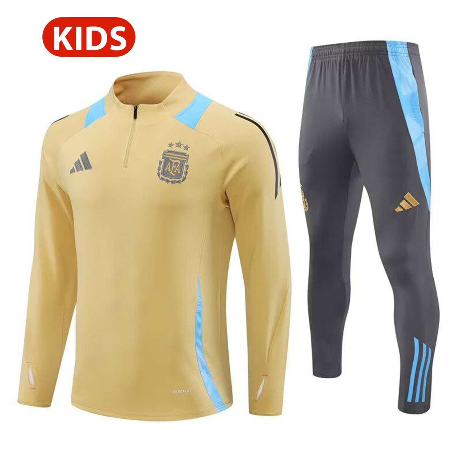 TKH-turbokithub-Argentina 25-26 Kids Long Sleeve Training Set - Gold Top and Grey Pants