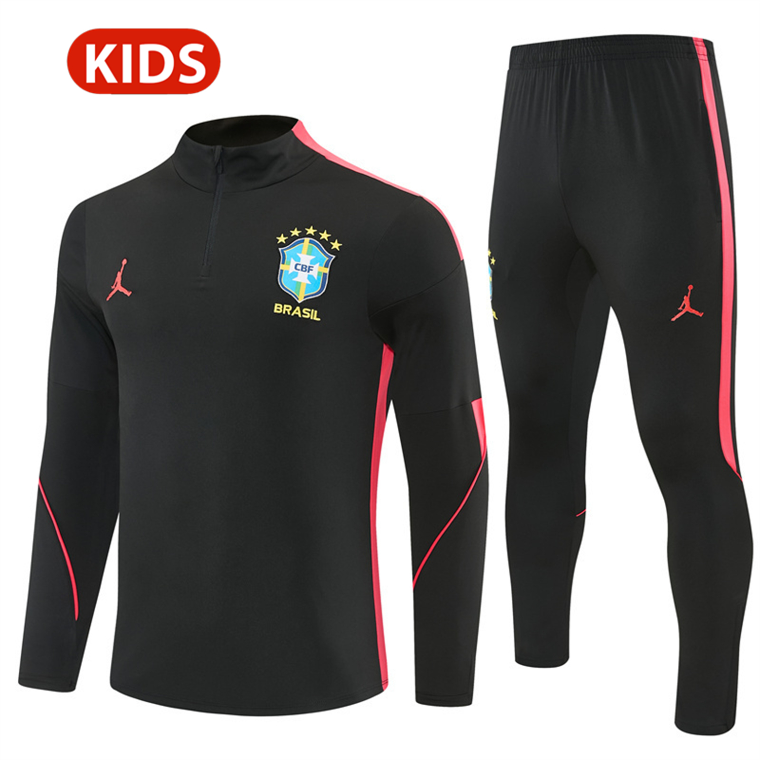 TKH-turbokithub-Brazil X JD 2026 Kids Long Sleeves Training Set - Black Top And Black Orange Pants