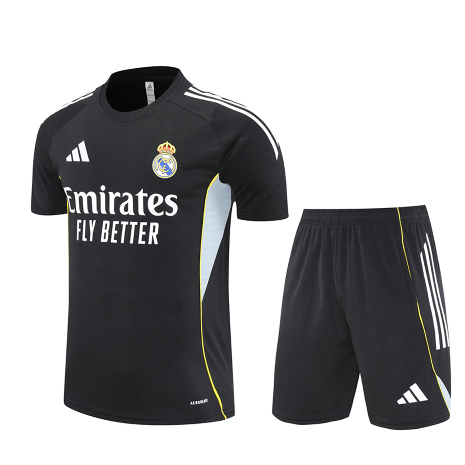 TKH-turbokithub-Real Madrid 25-26 Kids Short-Sleeve Training Set - Yellow Line Black Top and Black Shorts